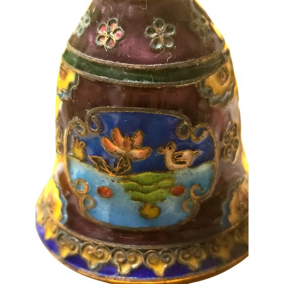 Vintage Cloisonné Enamel Bell With Intricate Floral & Bird Design Purple Blue - Picture 8 of 12